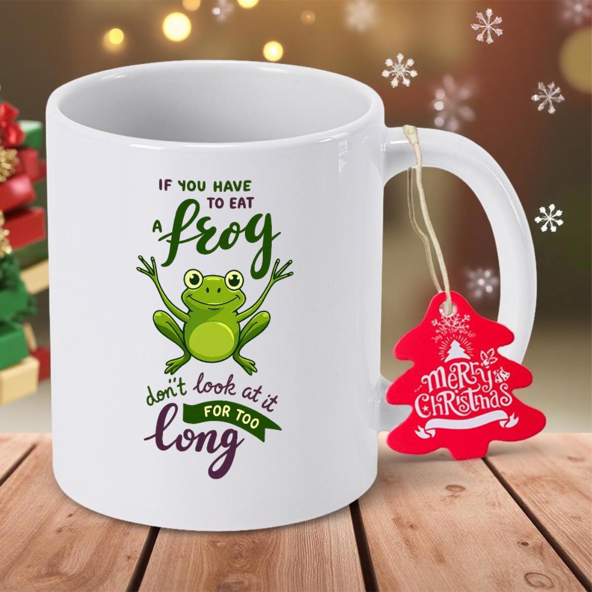 Tailorly White Ceramic 11 oz Mug - If You Have To Eat A Frog Dont Look At It For Too Long Cheerful Smiling Green Amphibian Sitting Among Decorative Small