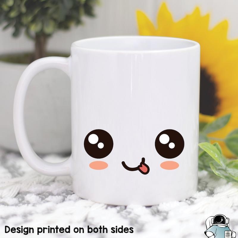 Tailorly White Ceramic 11 oz Mug - Sparkling Large Eyes And Playful Pink Tongue With Blushing Cheeks Face