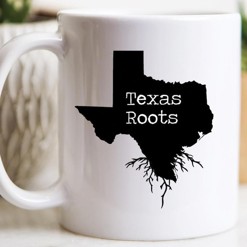 Tailorly White Ceramic 11 oz Mug - Texas Roots Solid Black State Outline With Intricate Roots Map