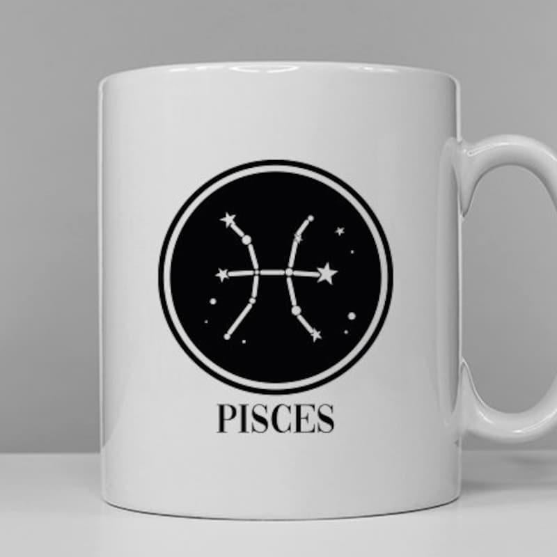 Tailorly White Ceramic 11 oz Mug - Pisces Minimalist Black Circular Emblem With White Constellation Pattern Pisces