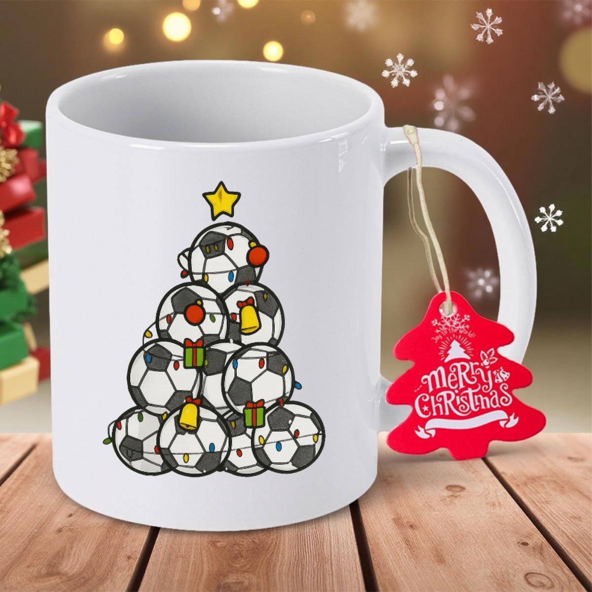 Tailorly White Ceramic 11 oz Mug - Merry Christmas Festive Soccer Balls Stacked In Pyramid Shape To Form A Symbolic Tree
