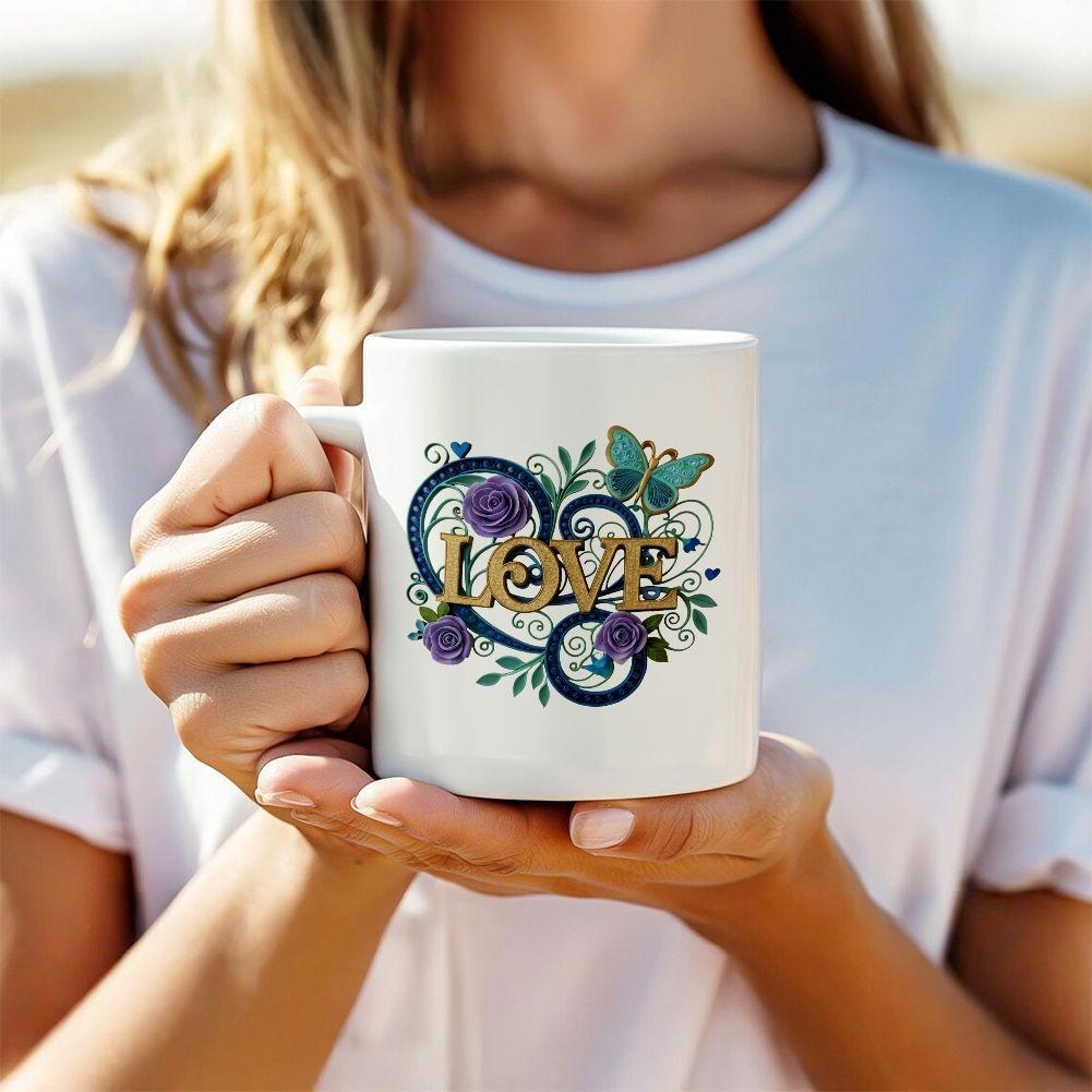 Tailorly White Ceramic 11 oz Mug - Love Intricate Purple Roses With Green Leaves And Flying Teal Butterfly Among Elegant Swirls Heart