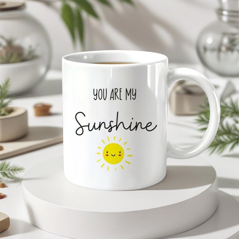 Tailorly White Ceramic 11 oz Mug - You Are My Sunshine Minimalist Yellow Smiling Icon Glowing With Golden Rays Sun
