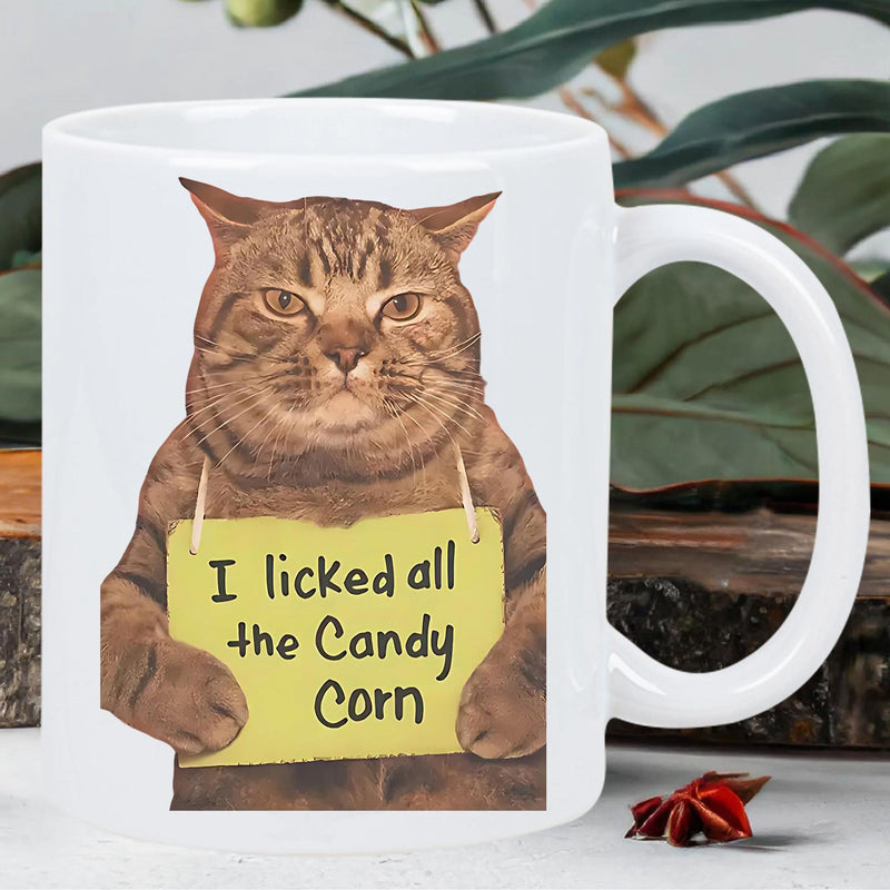 Tailorly White Ceramic 11 oz Mug - I Licked All The Candy Corn Funny Brown Tabby Holding A Yellow Shaming Sign Message Cat