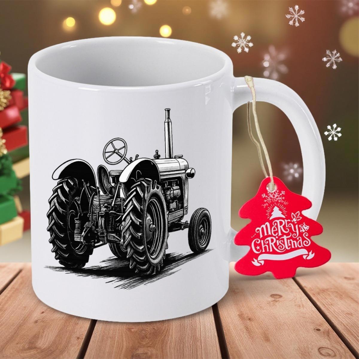 Tailorly White Ceramic 11 oz Mug - Merry Christmas Detailed Vintage Farm Machine Parked On A Rustic Wooden Surface Tractor