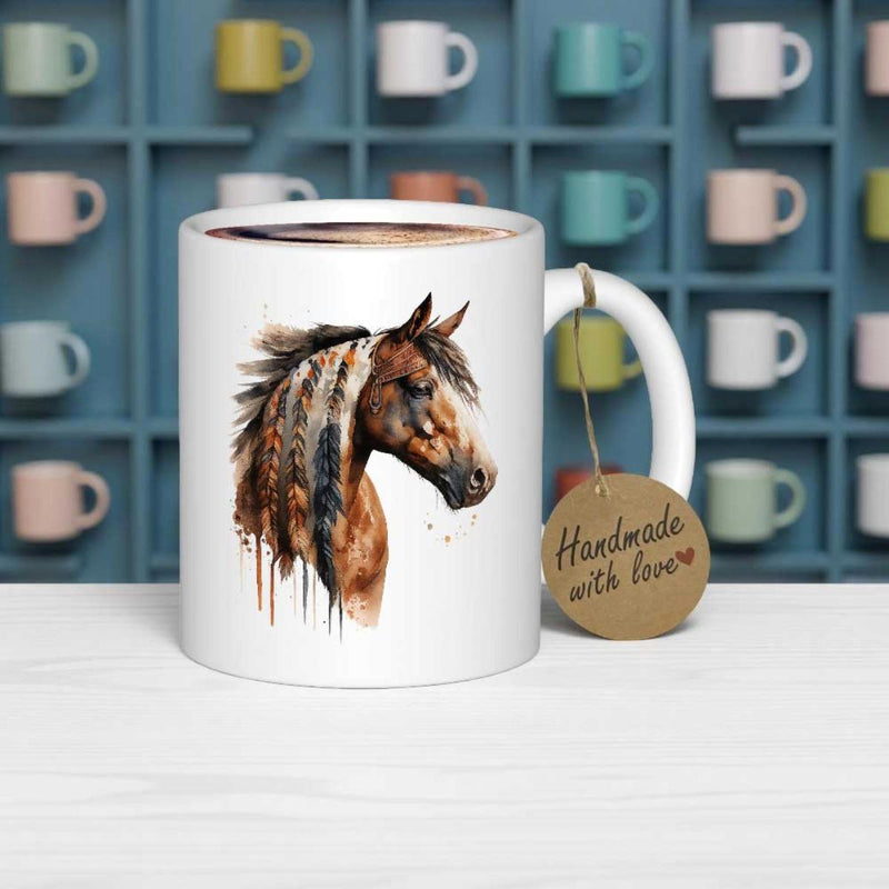 Tailorly White Ceramic 11 oz Mug - Handmade With Love Artistic Watercolor Style Brown Stallion With Flowing Mane And Ink Splatters Horse