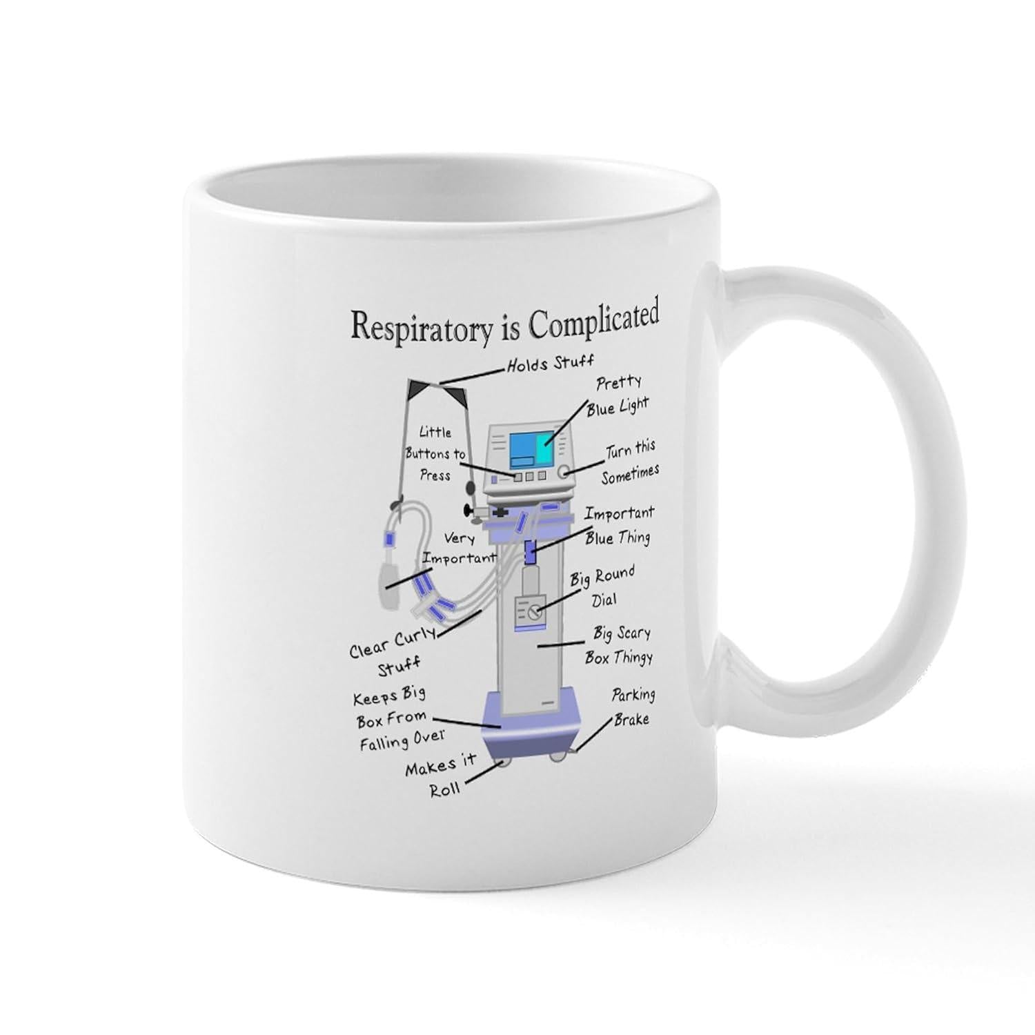Tailorly White Ceramic 11 oz Mug - Respiratory Is Complicated Detailed Medical Equipment Illustration With Humorous Labels And Technical Schematic Ventilator