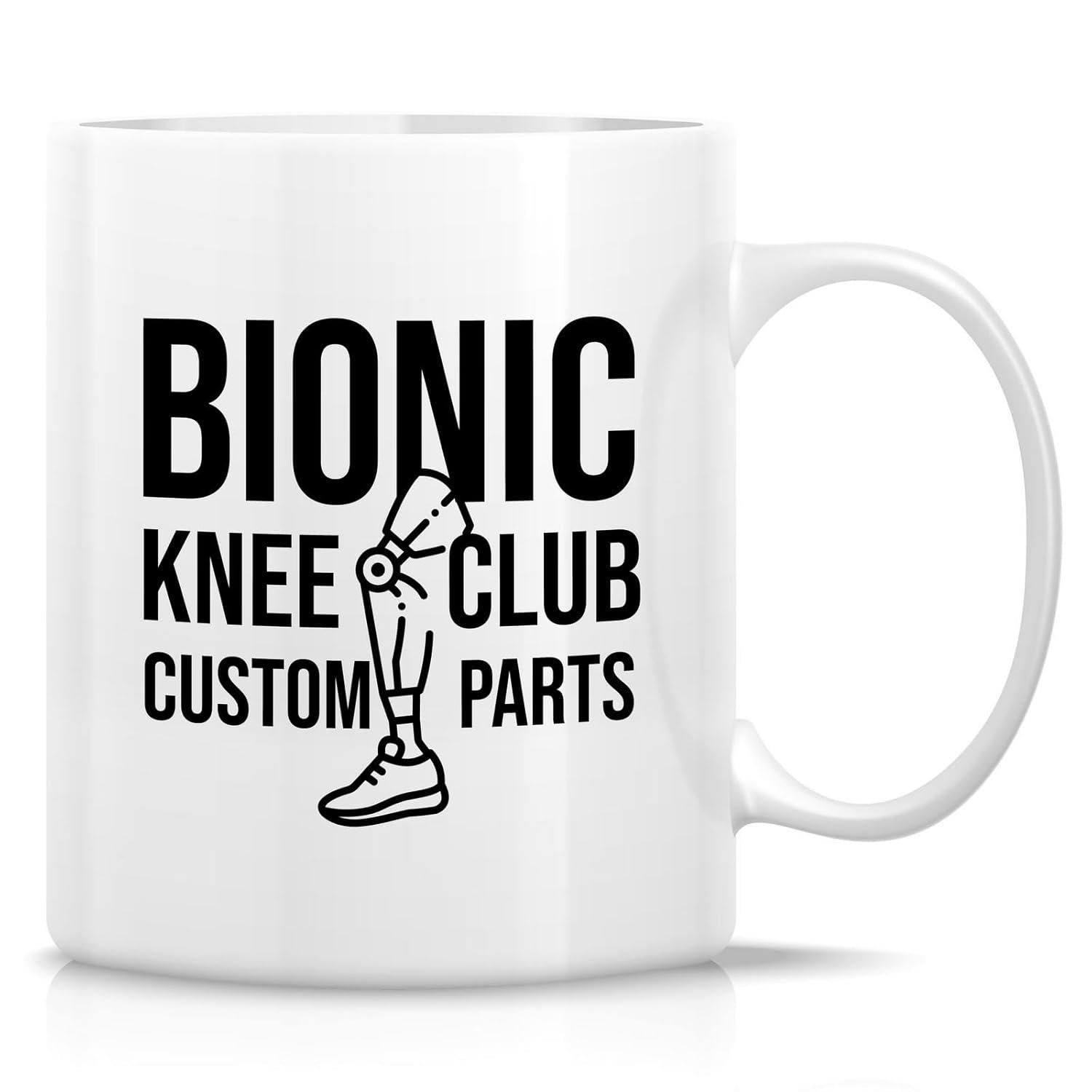 Tailorly White Ceramic 11 oz Mug - Bionic Knee Club Custom Parts Minimalist Black Ink Illustration Depicting An Artificial Bionic Human Leg