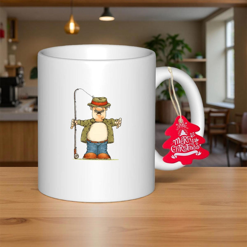 Tailorly White Ceramic 11 oz Mug - Merry Christmas Whimsical Cartoon Fisherman Holding A Fishing Rod Ready To Catch Fish Fisherman