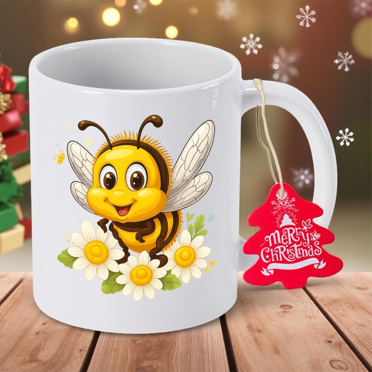 Tailorly White Ceramic 11 oz Mug - Merry Christmas Cute Smiling Honeybee Resting On Blooming White Daisy Flowers Bee