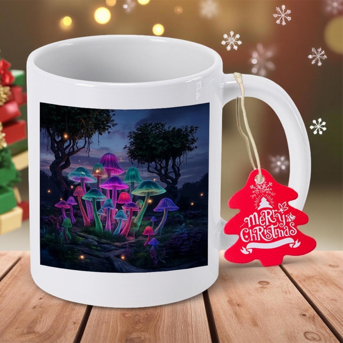Tailorly White Ceramic 11 oz Mug - Merry Christmas Glowing Neon Fungi Growing Under Dark Twilight Trees In Magical Forest Mushroom