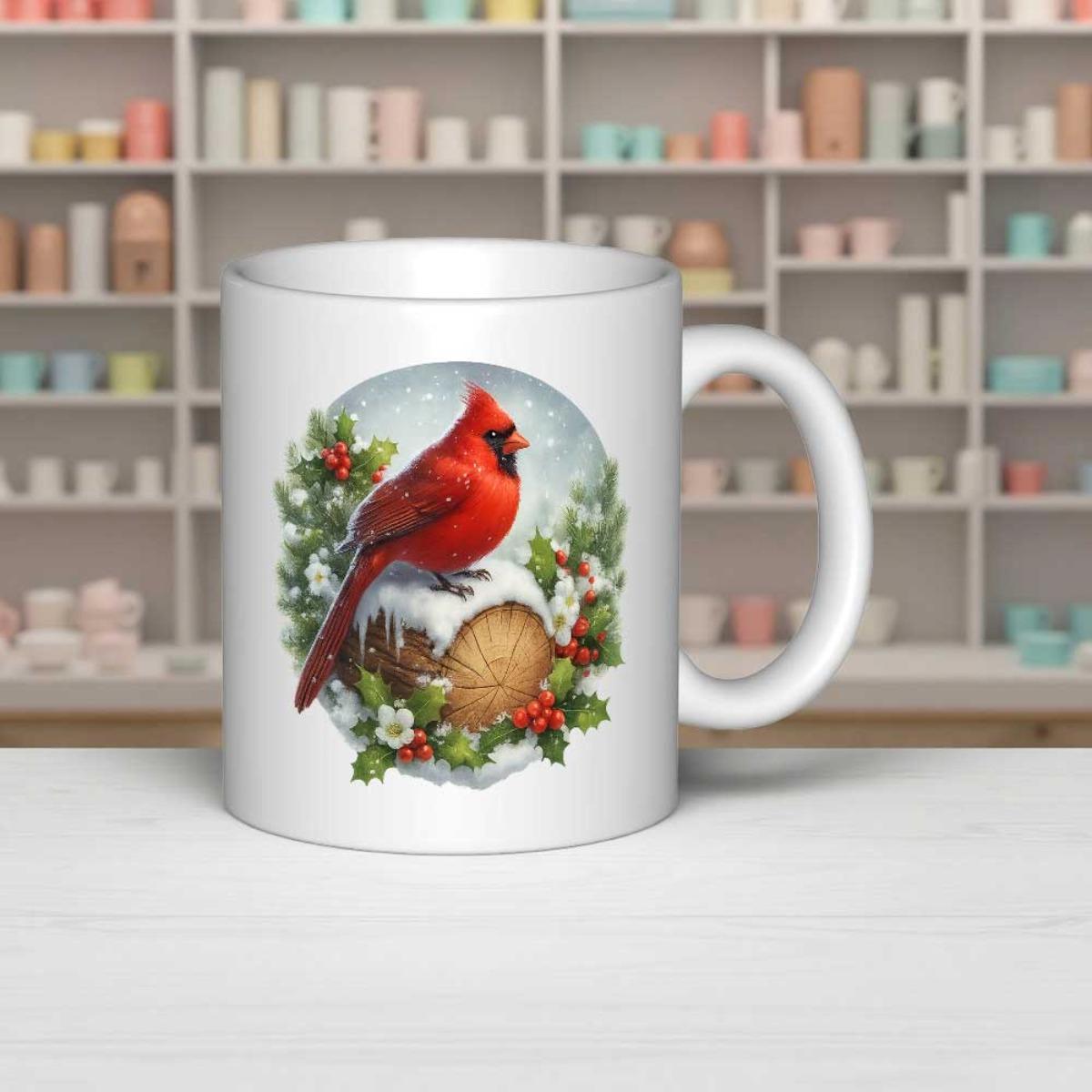 Tailorly White Ceramic 11 oz Mug - Vibrant Red Bird Perched On Snowy Wood Among Festive Winter Greenery Cardinal