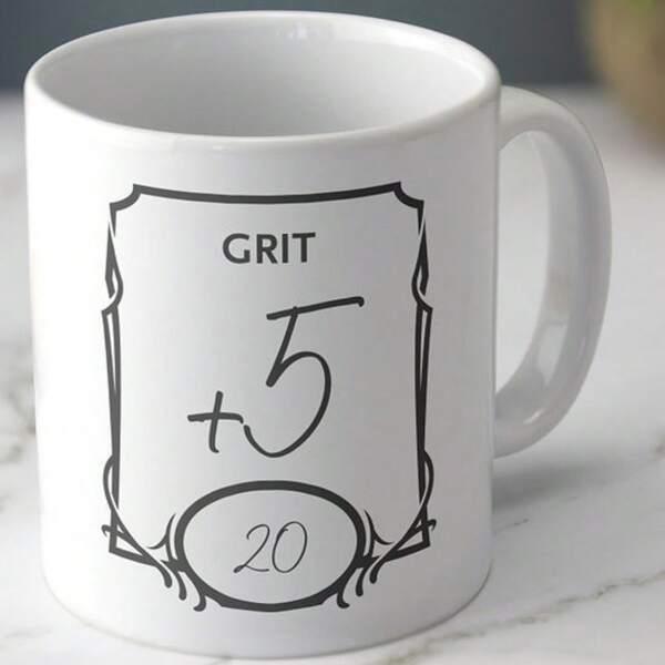 Tailorly White Ceramic 11 oz Mug - Grit 5 20 Minimalist Decorative Scroll Border With Gaming Attribute Numbers Within Frame Mug