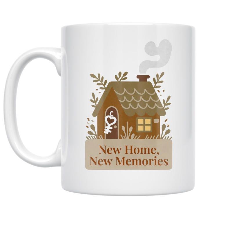 Tailorly White Ceramic 11 oz Mug - New Home New Memories Charming Hand Drawn Cottage Surrounded By Delicate Leaves And Rising Smoke House