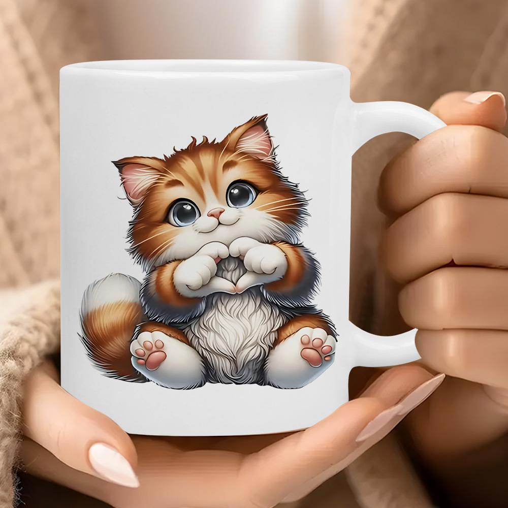 Tailorly White Ceramic 11 oz Mug - Adorable Fluffy Orange Tabby Kitten Making Heart Shape With Paws Cat