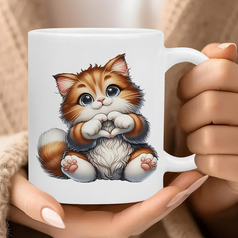 Tailorly White Ceramic 11 oz Mug - Adorable Fluffy Orange Tabby Kitten Making Heart Shape With Paws Cat