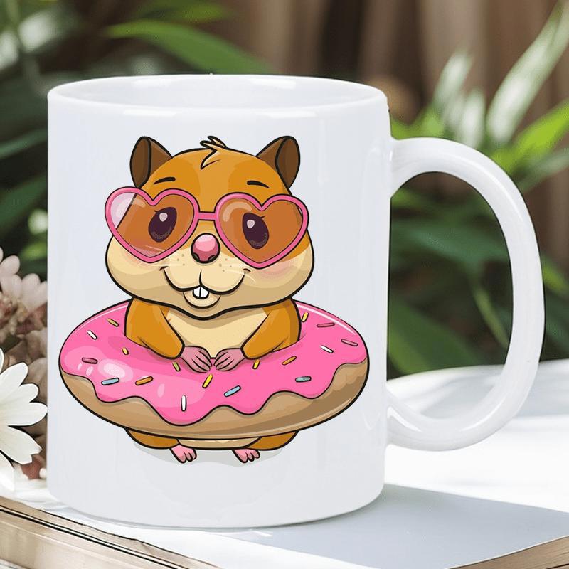 Tailorly White Ceramic 11 oz Mug - Cheerful Cartoon Character Wearing Heart Shaped Sunglasses Inside A Pink Sweet Donut Hamster
