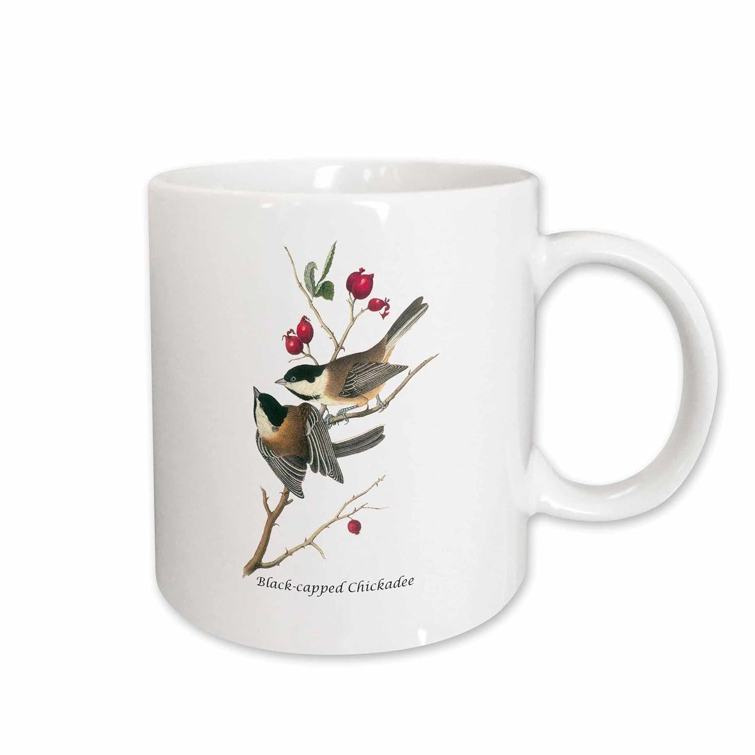 Tailorly White Ceramic 11 oz Mug - Black Capped Chickadee Pair Of Small Birds Perched On Winter Branch With Red Berries Bird