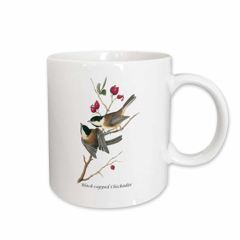 Tailorly White Ceramic 11 oz Mug - Black Capped Chickadee Pair Of Small Birds Perched On Winter Branch With Red Berries Bird