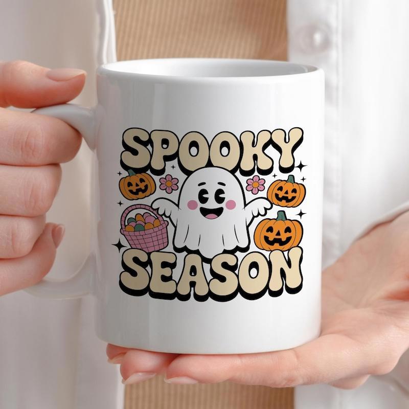 Tailorly White Ceramic 11 oz Mug - Spooky Season Happy Cute Cartoon Character Surrounded By Festive Halloween Pumpkins Ghost