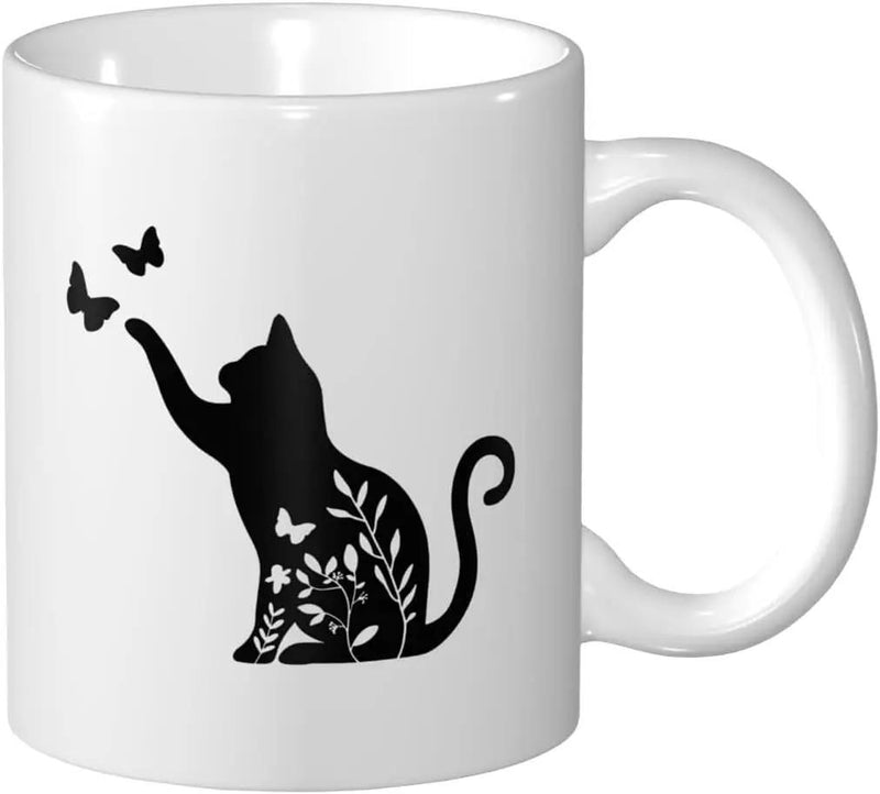 Tailorly White Ceramic 11 oz Mug - Elegant Black Silhouette Reaching For Tiny Butterflies With Internal Floral Details Cat