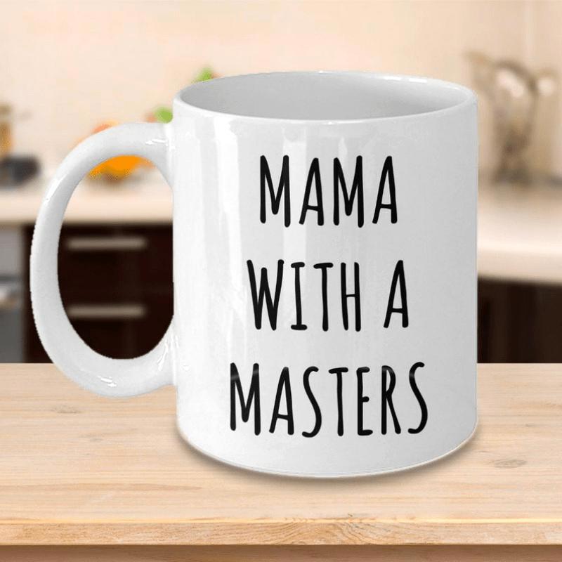 Tailorly White Ceramic 11 oz Mug - Mama With A Masters Minimalist Sleek White Ceramic Vessel Featuring Bold Vertical Black Handlettering Mug
