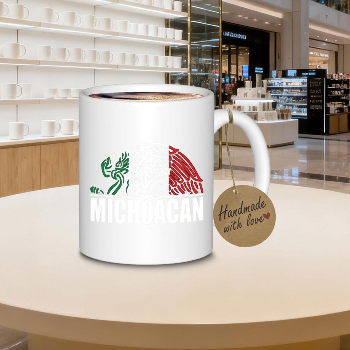 Tailorly White Ceramic 11 oz Mug - Michoacan Stylized Split State Crest With Bold Green And Red Wing Emblems Mug