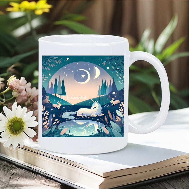 Tailorly White Ceramic 11 oz Mug - Magical Night Forest Under Twin Moons With Resting Mythical Unicorn