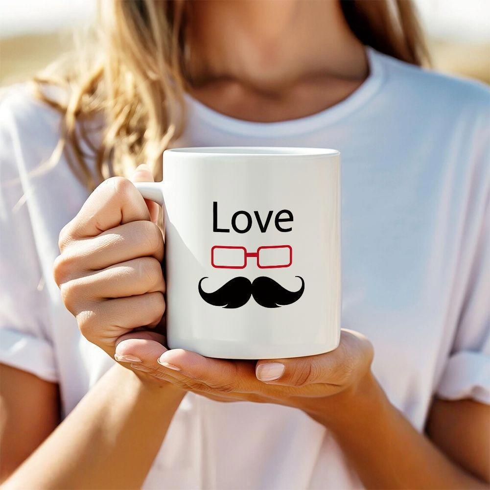 Tailorly White Ceramic 11 oz Mug - Love Minimalist Red Glasses Paired With Curled Black Gentleman Facial Hair Mustache