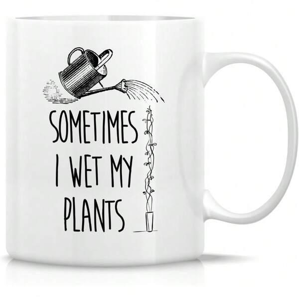 Tailorly White Ceramic 11 oz Mug - Sometimes I Wet My Plants Minimalist Black Line Art Watering Can Nourishing A Tall Potted Plant