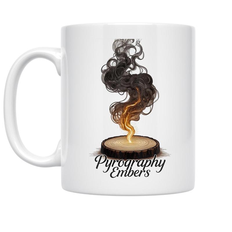Tailorly White Ceramic 11 oz Mug - Pyrography Embers Swirling Tendrils Of Dark Smoke Floating Above A Glowing Log Embers