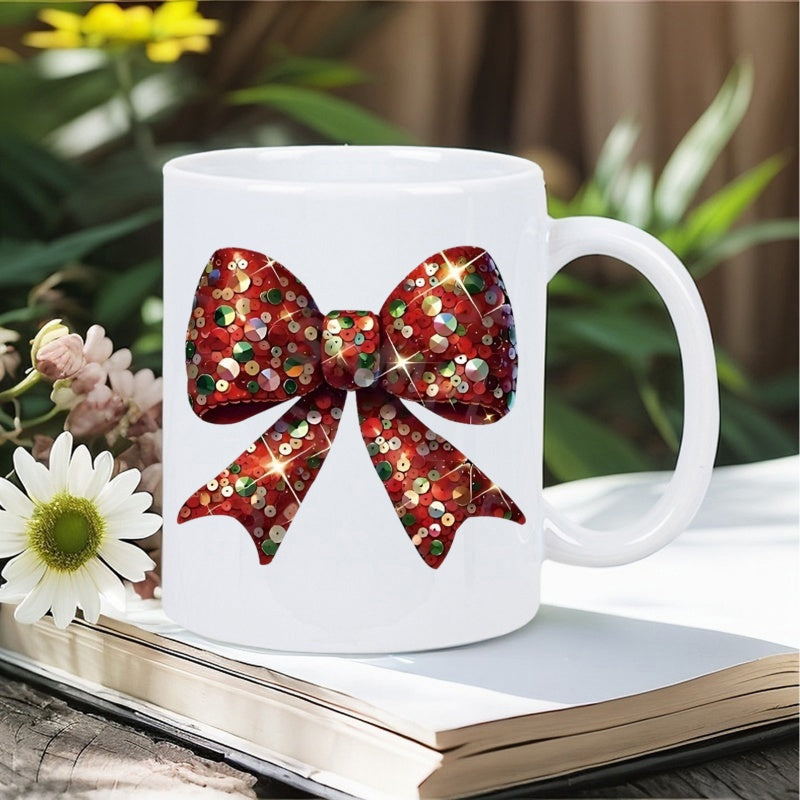 Tailorly White Ceramic 11 oz Mug - Sparkling Red Sequin Design With Glitter Texture And Glowing Light Accents Bow