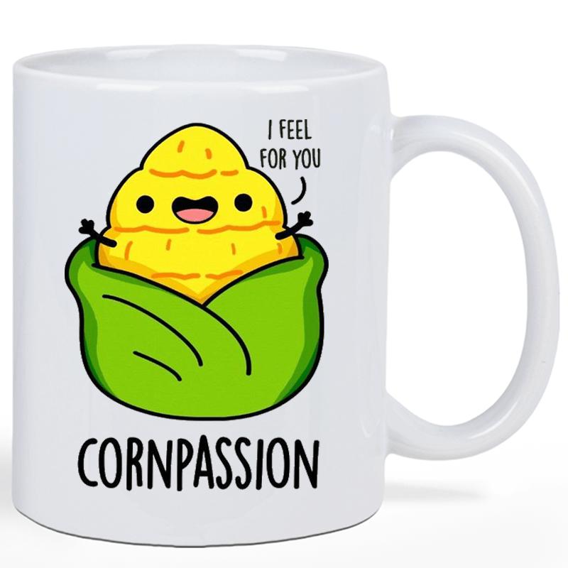 Tailorly White Ceramic 11 oz Mug - I Feel For You Cornpassion Happy Smiling Yellow Vegetable Nestled Inside Green Husk Corn