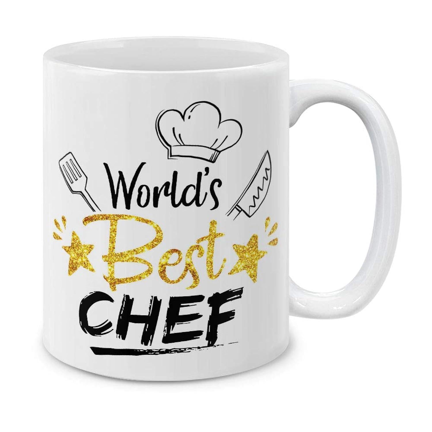 Tailorly White Ceramic 11 oz Mug - Worlds Best Chef Artistic Kitchen Utensils With A Puffy Hat And Glittering Stars Chef