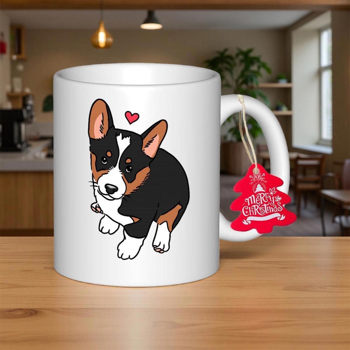 Tailorly White Ceramic 11 oz Mug - Merry Christmas Adorable Tricolor Puppy Sitting Under A Small Floating Pink Heart Corgi