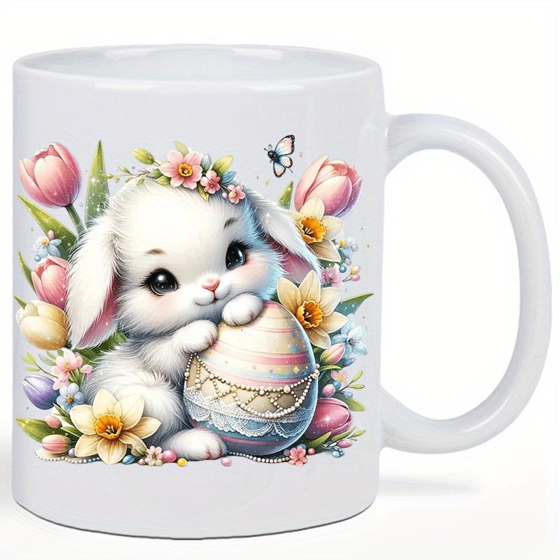 Tailorly White Ceramic 11 oz Mug - Adorable Fluffy White Rabbit Holding Easter Egg Surrounded By Colorful Blooming Garden Bunny