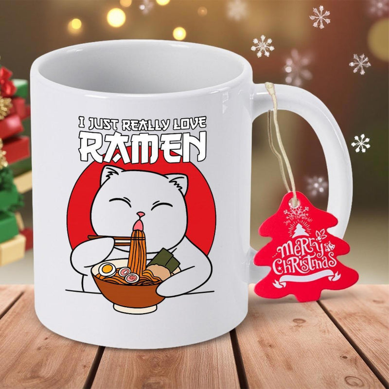 Tailorly White Ceramic 11 oz Mug - I Just Really Love Ramen Adorable Cartoon Cat Eating Delicious Noodles Before Red Sun Ramen