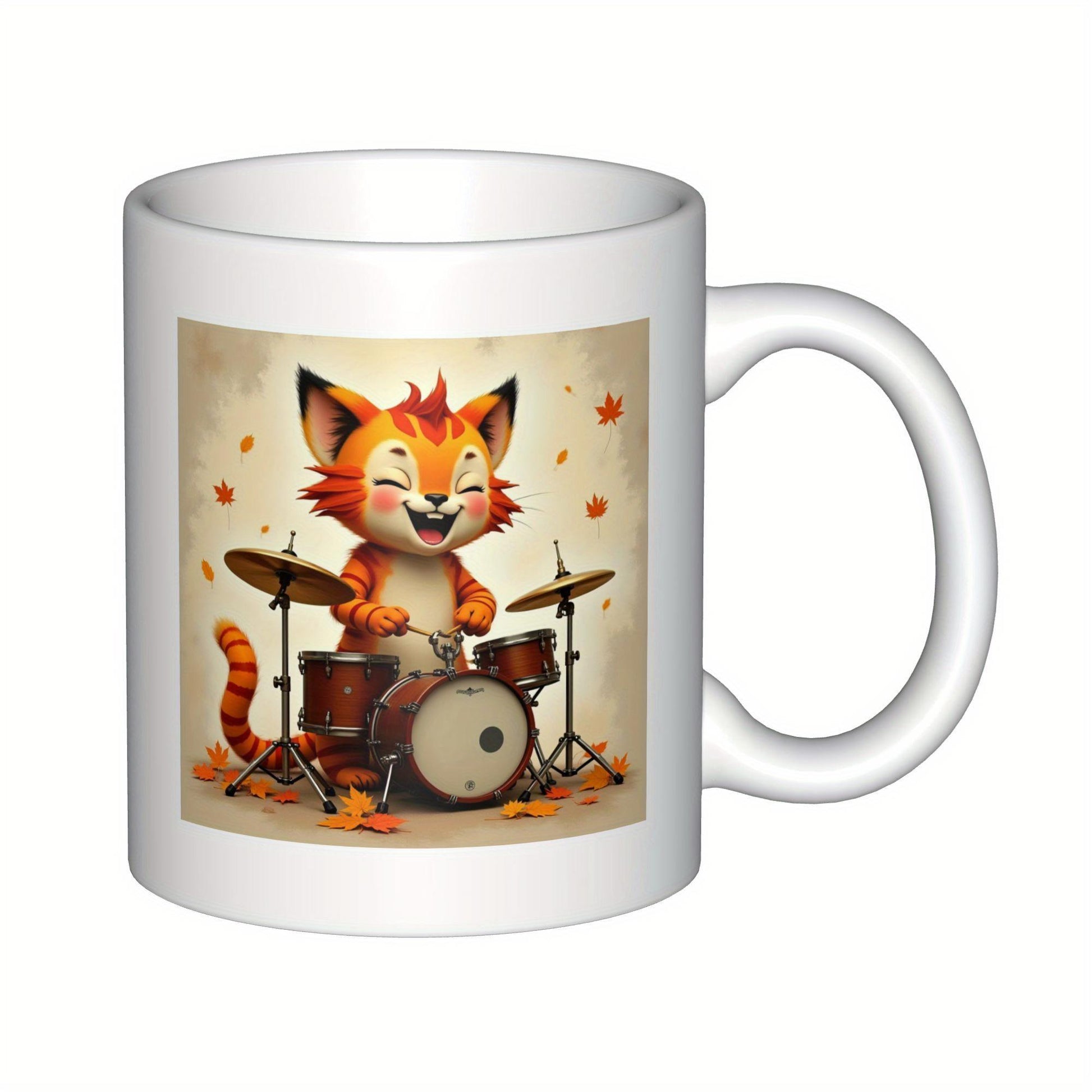 Tailorly White Ceramic 11 oz Mug - Cheerful Cartoon Orange Cat Energetically Playing Drum Set Among Autumn Leaves Cat