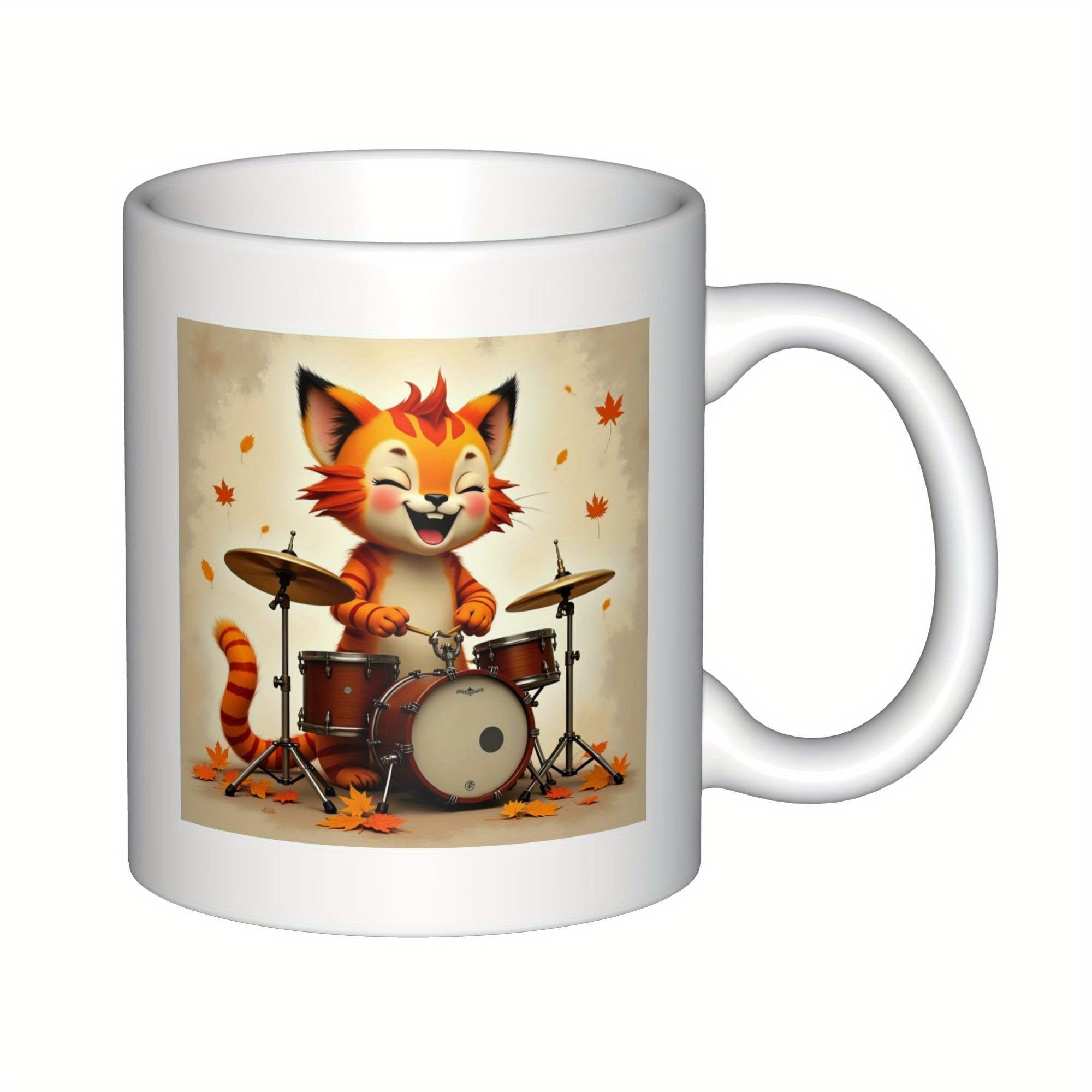 Tailorly White Ceramic 11 oz Mug - Cheerful Cartoon Orange Cat Energetically Playing Drum Set Among Autumn Leaves Cat