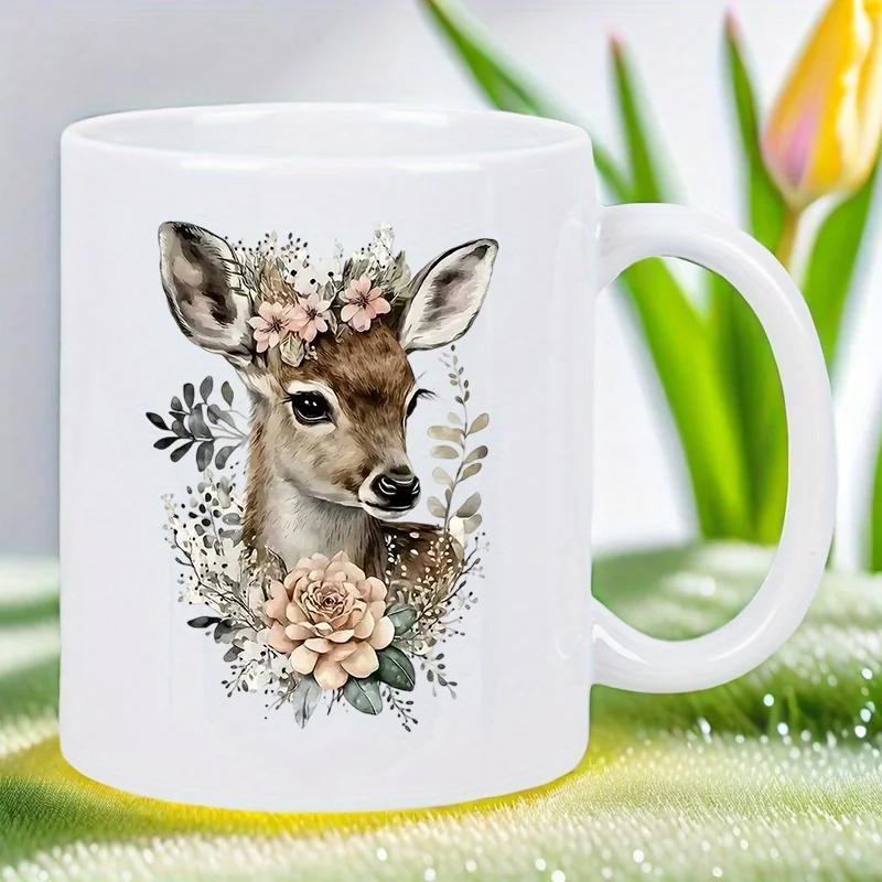 Tailorly White Ceramic 11 oz Mug - Gentle Watercolor Fawn Wearing Flower Crown Among Soft Blooming Botanical Petals Deer