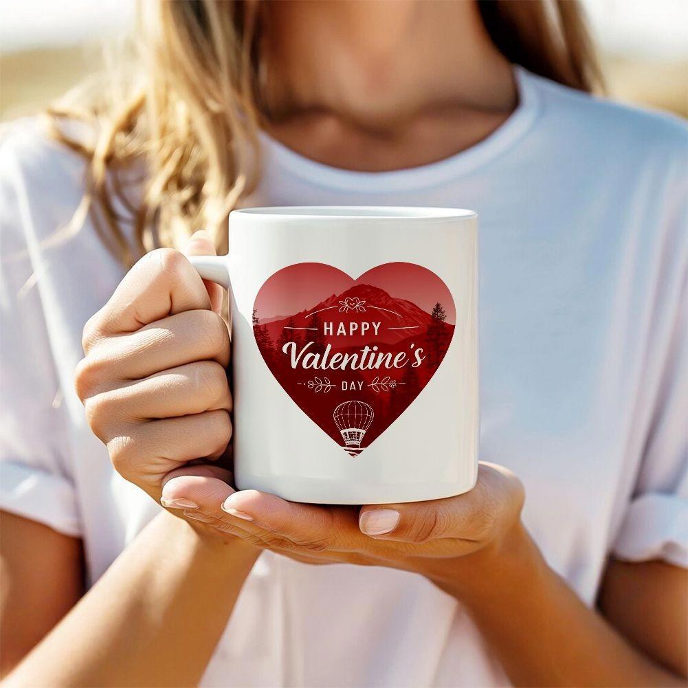 Tailorly White Ceramic 11 oz Mug - Happy Valentine's Day Scenic Red Heart With Mountain Silhouette And Floating Balloon Heart