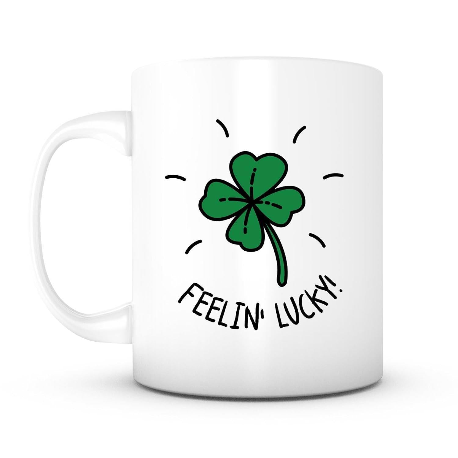 Tailorly White Ceramic 11 oz Mug - Feelin Lucky Vibrant Green Four Leaf Clover With Black Outlines And Radiating Strokes Clover