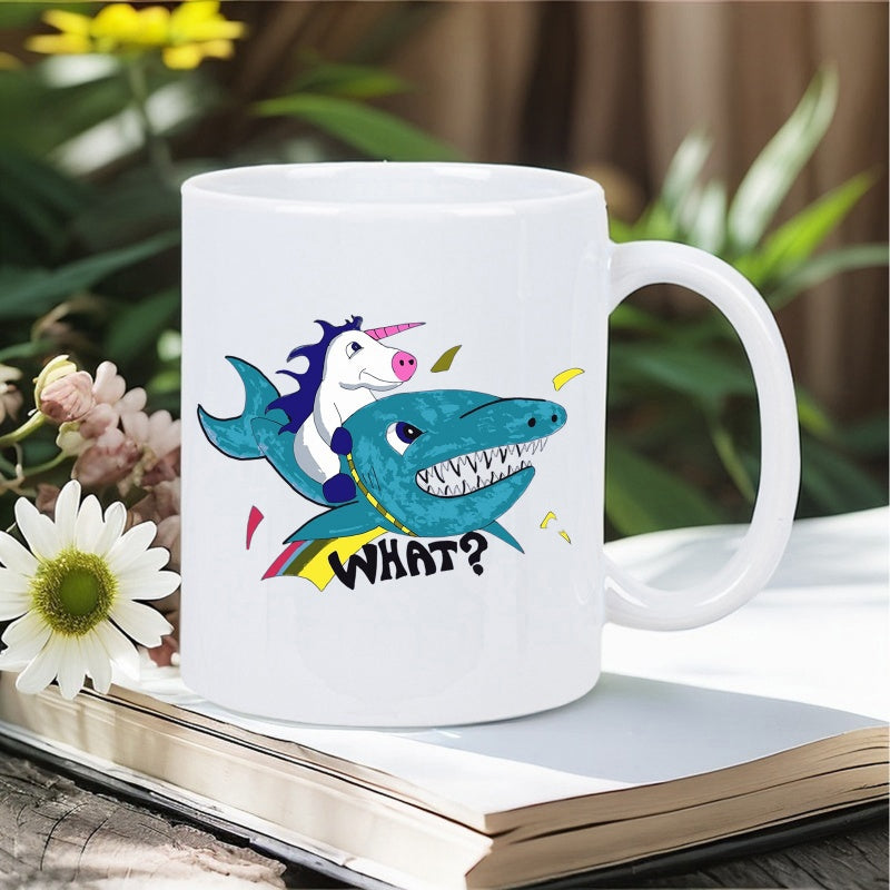 Tailorly White Ceramic 11 oz Mug - What Mythical Pink Horned Unicorn Riding A Fierce Blue Cartoon Ocean Shark
