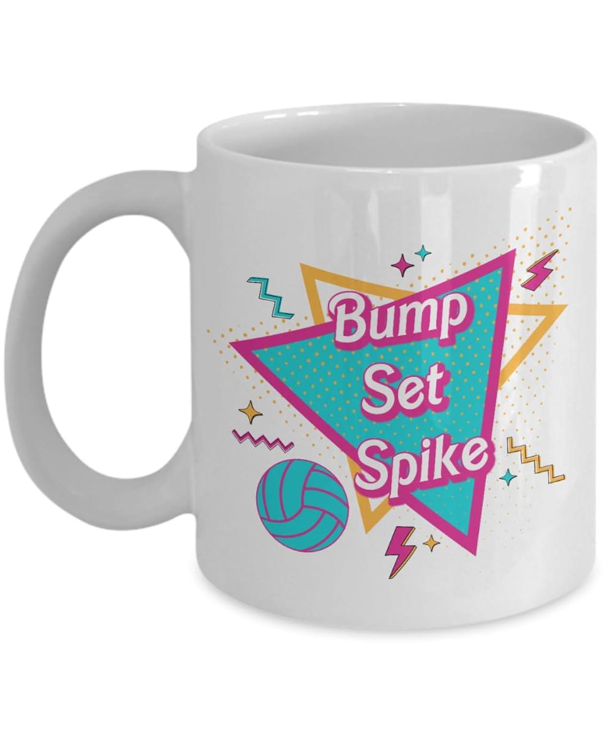Tailorly White Ceramic 11 oz Mug - Bump Set Spike Retro Geometric Patterns With Colorful Triangles And Zigzag Lightning Bolts Volleyball
