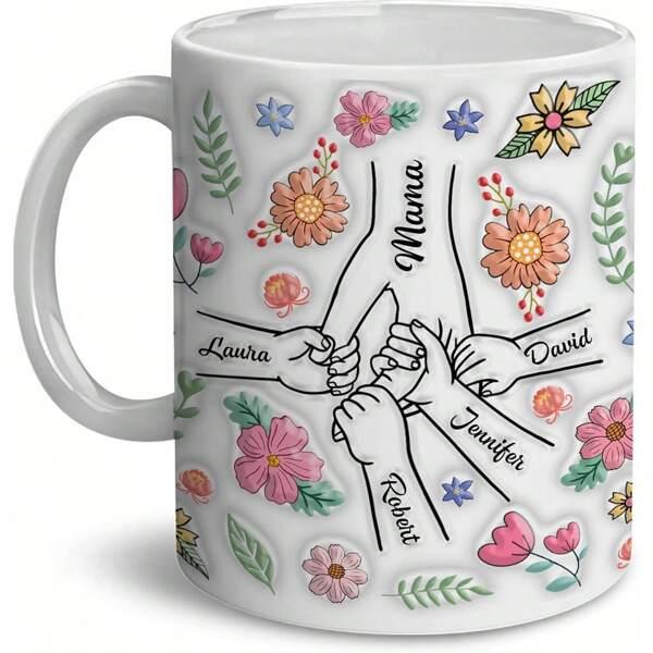 Tailorly White Ceramic 11 oz Mug - Mama Laura David Jennifer Robert Delicate Watercolor Flowers Surrounding Intertwined Family Holding Hands