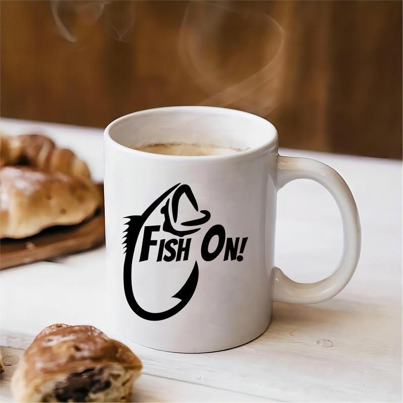 Tailorly White Ceramic 11 oz Mug - Fish On Stylized Leaping Silhouette Integrated With A Sharp Curved Fishing Hook Bass