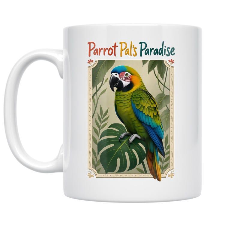 Tailorly White Ceramic 11 oz Mug - Parrot Pals Paradise Vibrant Colorful Macaw Perched Among Lush Green Tropical Jungle Leaves Parrot