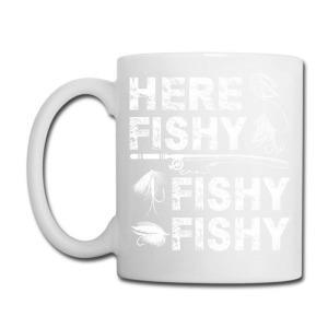 Tailorly White Ceramic 11 oz Mug - Here Fishy Fishy Fishy Weathered Distressed Graphics Featuring Hooks And Long Casting Line Fishing Rod