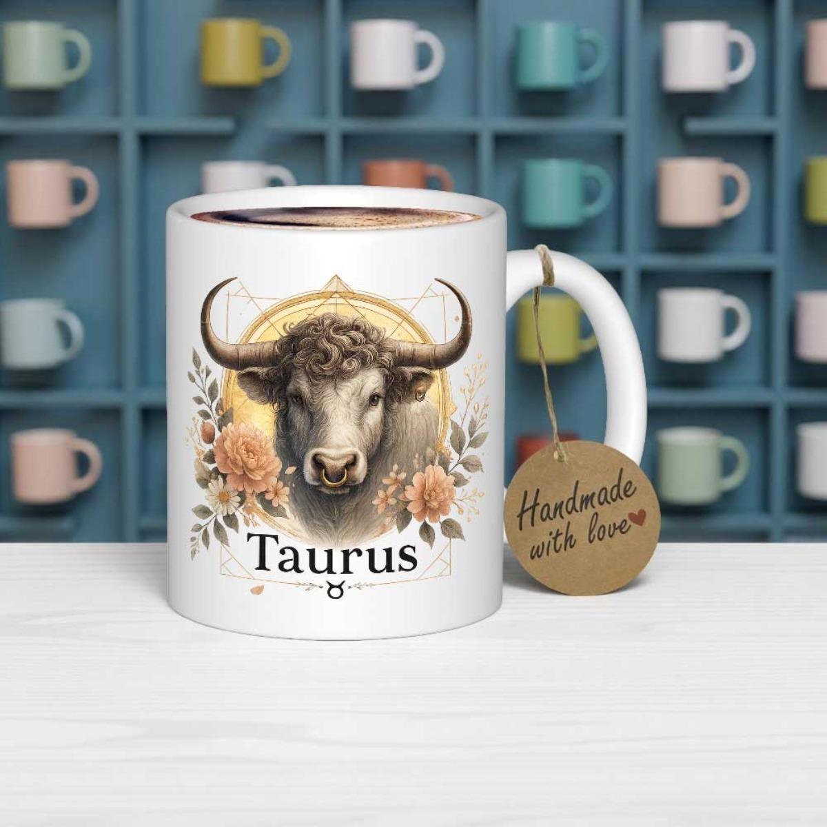 Tailorly White Ceramic 11 oz Mug - Taurus Majestic Bull Head Surrounded By Elegant Orange Roses And Golden Halo Bull