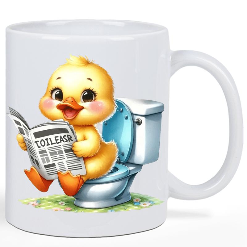 Tailorly White Ceramic 11 oz Mug - Adorable Small Yellow Duckling Sitting On Toilet Reading A Paper Duckling